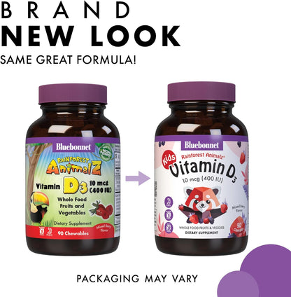 Bluebonnet Nutrition Rainforest Animalz Vitamin D3 400 IU Chewable Tablets, Mixed Berry Flavour, 90 Chewables