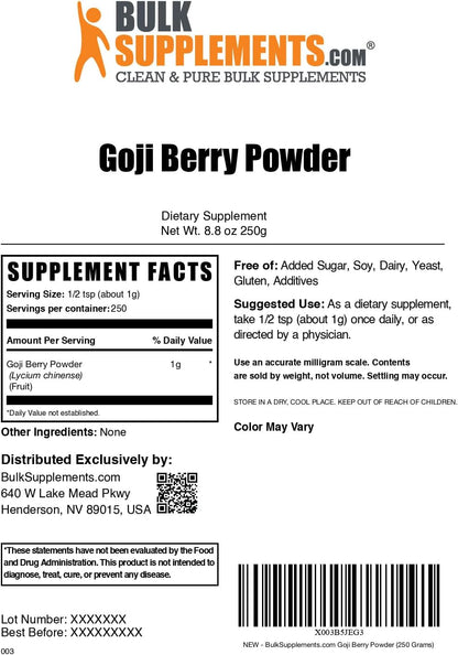 BulkSupplements Wolfberry Extract Powder – Goji Berries Supplement, Vegan & Gluten-free, 1g per Serving, 250g