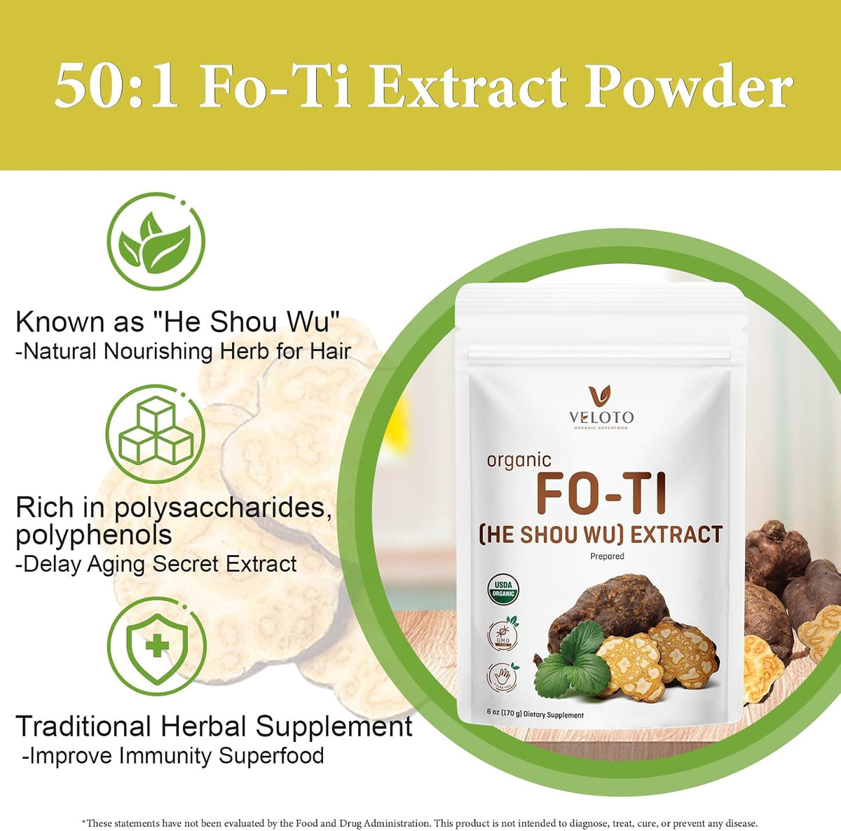 VELOTO Organic He Shou Wu Extract Powder 50:1 – Pure Fo-Ti Herbal Supplement, No Fillers, Vegan, Traditionally Used for Hair, Vitality & Antioxidant Superfood (170g) - görsel 3
