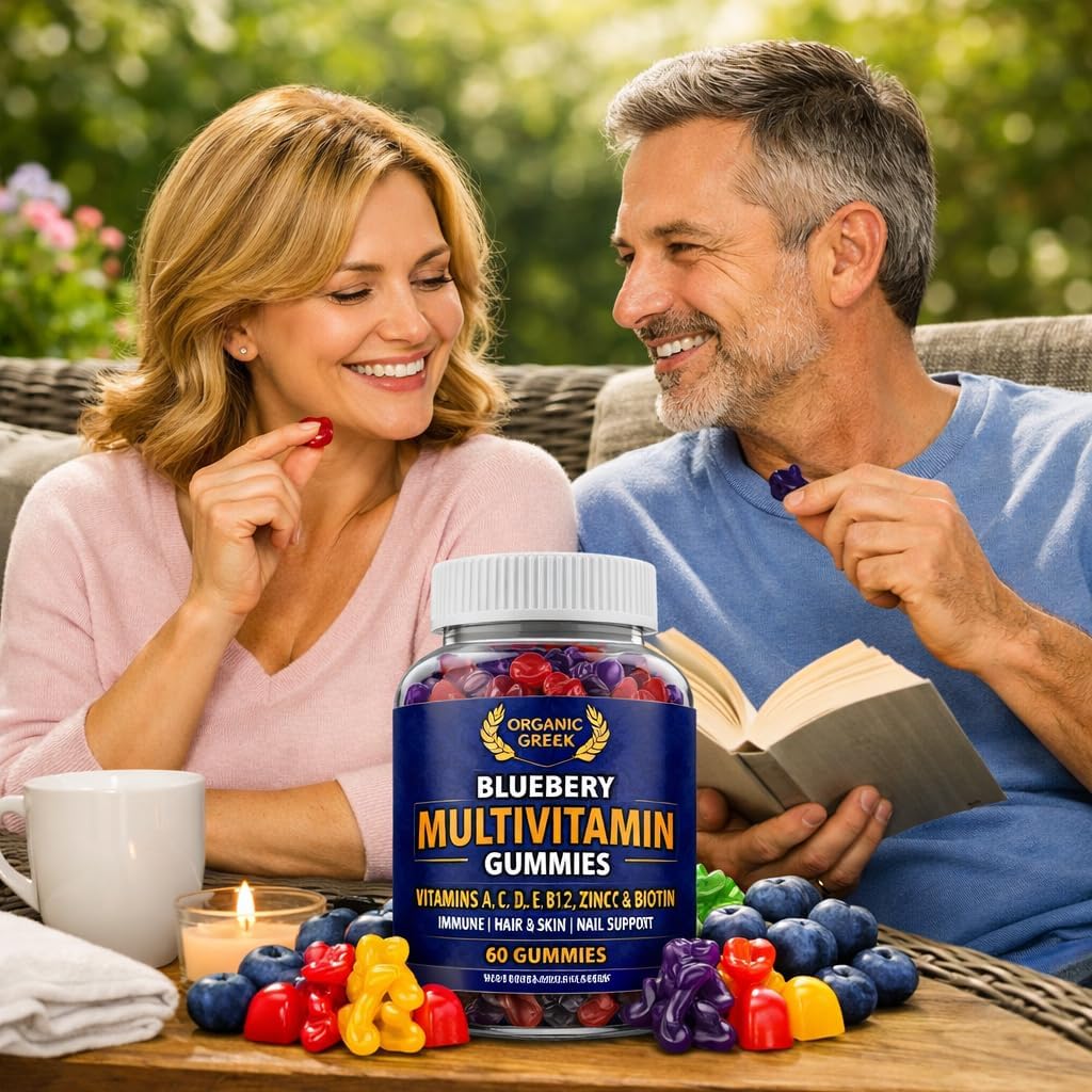 Organic Greek Multivitamin Gummies with Vitamin A, C, D, E, Zinc, B12, Biotin, B6, Iodine, Pantothenic Acid – 13 Vitamins and Minerals, Blueberry Flavour - görsel 7