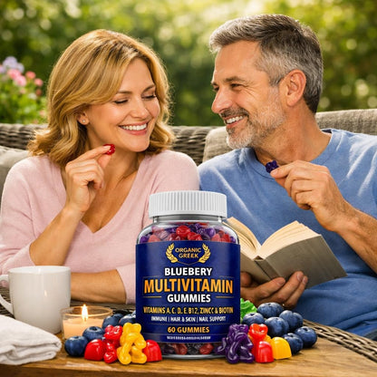 Organic Greek Multivitamin Gummies with Vitamin A, C, D, E, Zinc, B12, Biotin, B6, Iodine, Pantothenic Acid – 13 Vitamins and Minerals, Blueberry Flavour