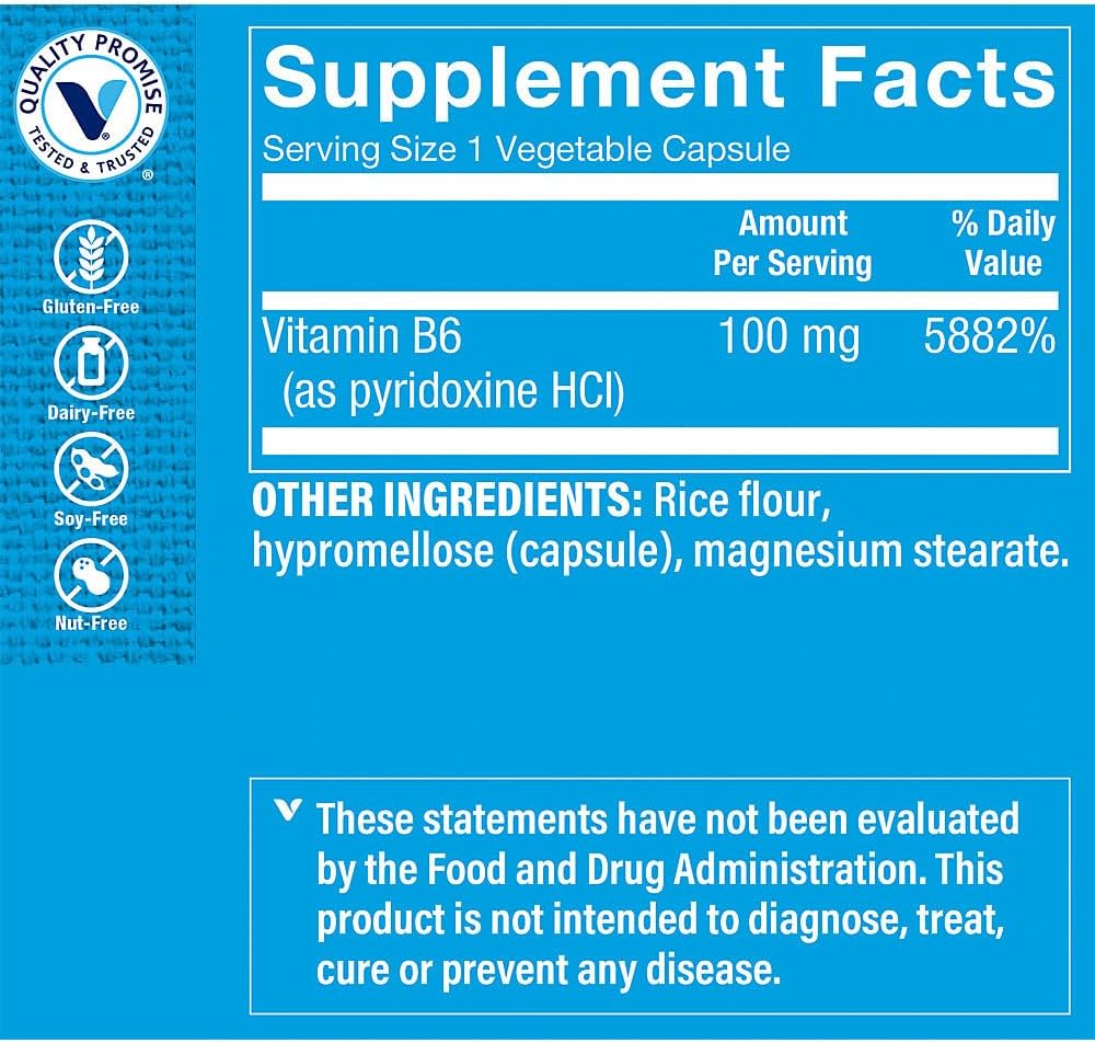 The Vitamin Shoppe Vitamin B6 100mg - Pyridoxine HCl - 300 Vegetarian Capsules - görsel 2