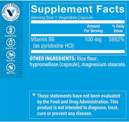 Vitamin B6 100mg (Pyridoxine HCl) - 300 Vegetarian Capsules - Energy Metabolism Support