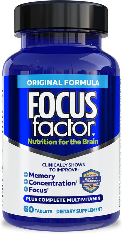 Focus Factor Brain Food Supplement: Complete Multivitamin with B6, B12, D, Bacopa Monnieri & Tyrosine for Memory and Concentration, 60 Tablets