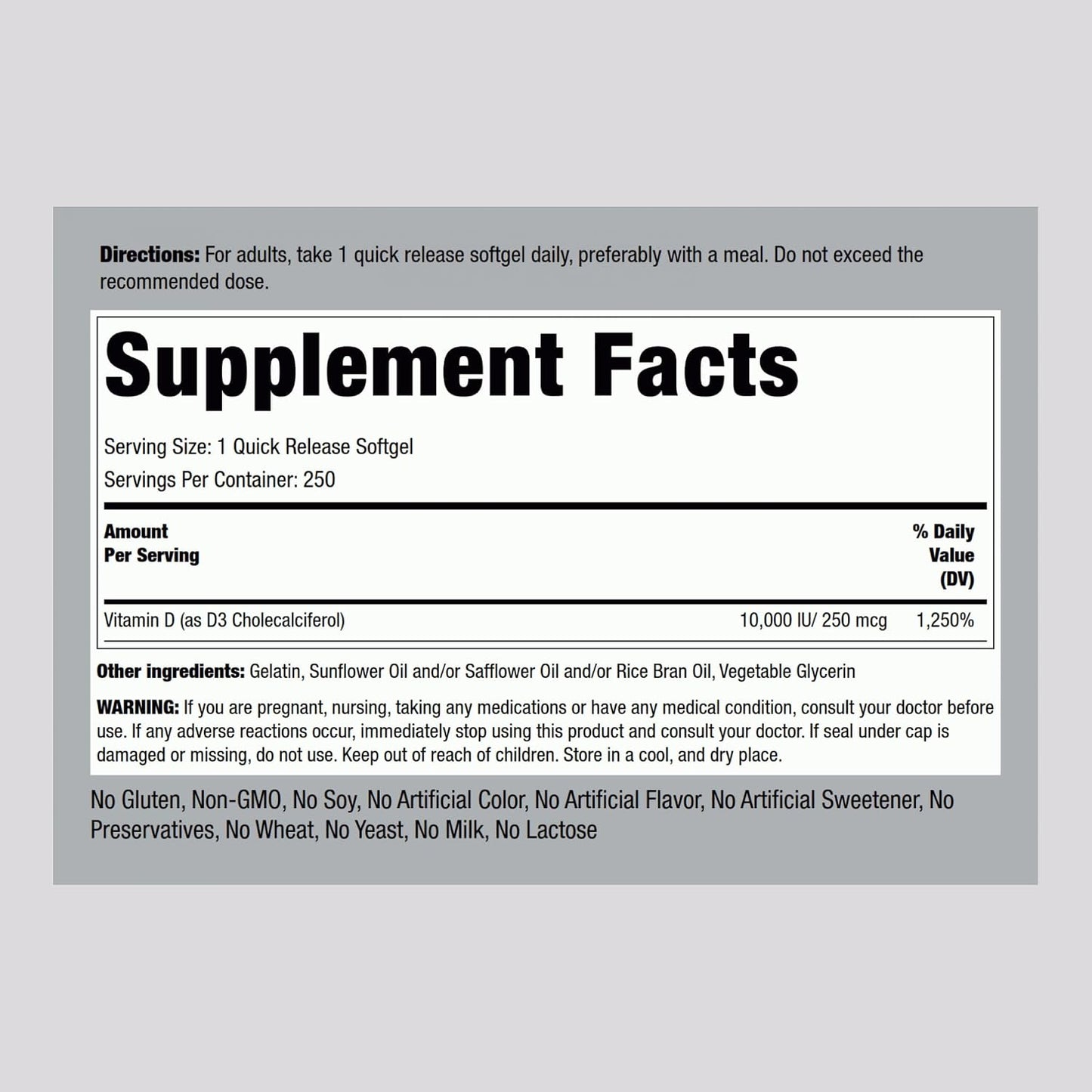 Piping Rock Vitamin D3 10,000 IU | 250 mcg | 250 Softgels | High Potency | Non-GM & Gluten-free Supplement - görsel 2