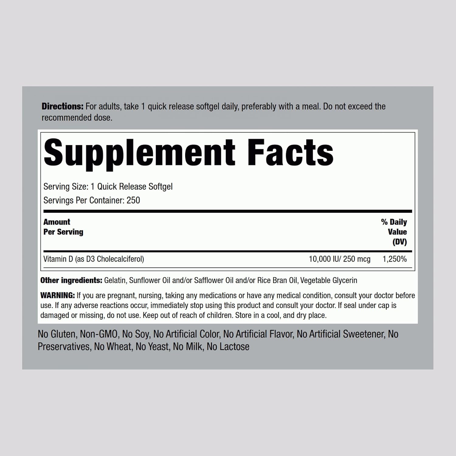 Piping Rock Vitamin D3 10,000 IU | 250 mcg | 250 Softgels | High Potency | Non-GM & Gluten-free Supplement - görsel 2
