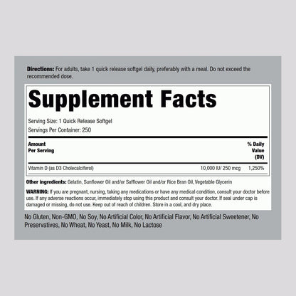 Piping Rock Vitamin D3 10,000 IU | 250 mcg | 250 Softgels | High Potency | Non-GM & Gluten-free Supplement
