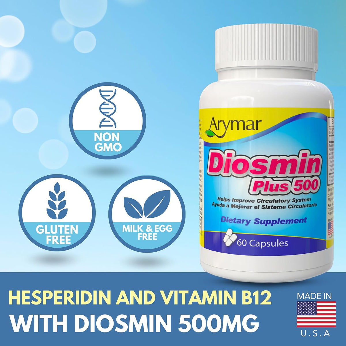 Arymar Diosmin 500mg with Vitamin B-Complex - Circulatory Formula for Leg Vein Integrity & Vascular Health, 60 Capsules - görsel 6
