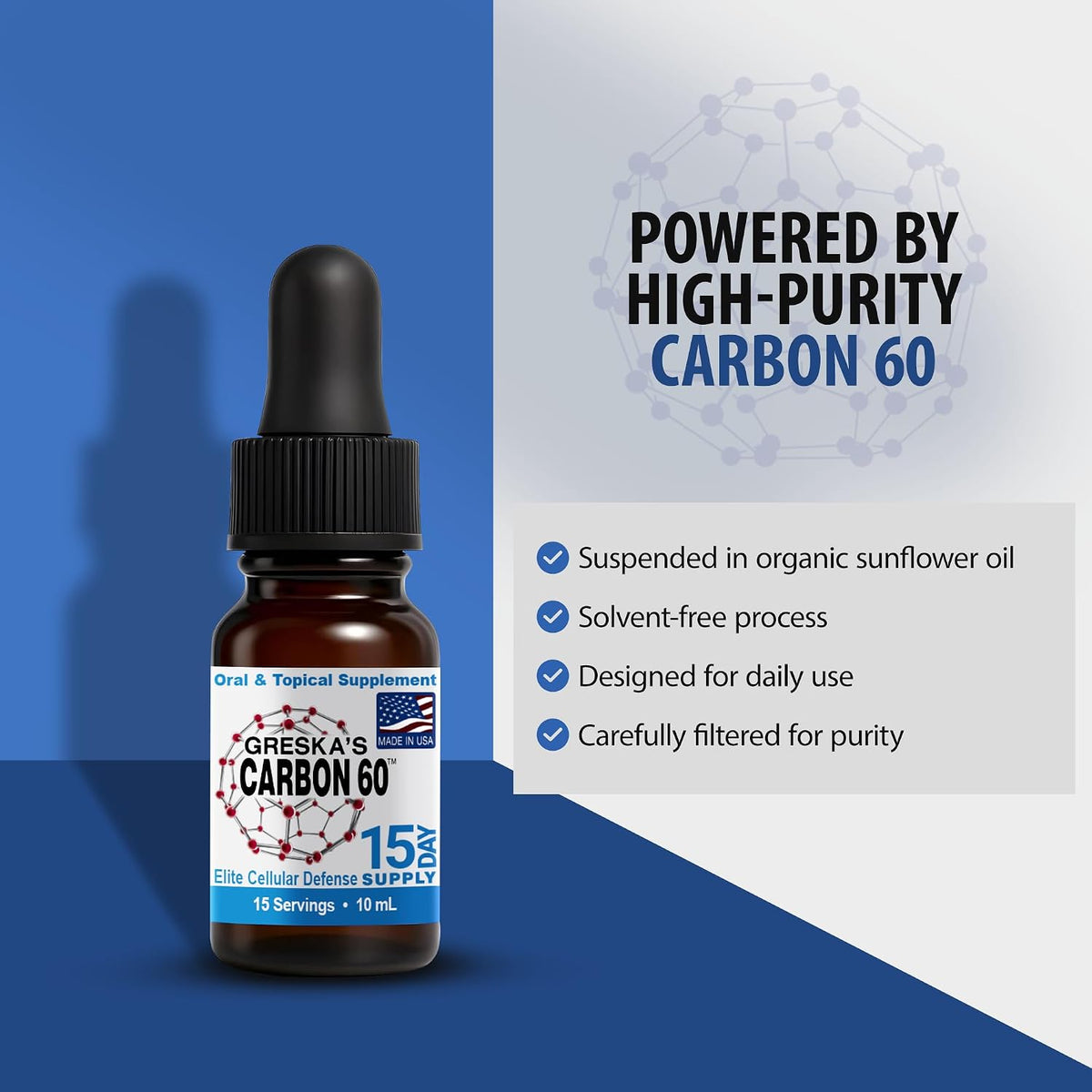 Greska's Carbon 60 in Organic Sunflower Oil - 15 Day Supply - Solvent-Free C60 Antioxidant Formula for Cellular Support, Vitality, Focus and Overall Wellness (10ml) - görsel 3