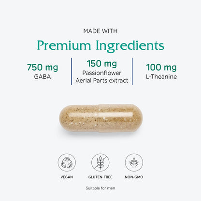 Vitanica GABA Ease - Calming Food Supplement with GABA, Vitamin B6, L-Theanine & Herbal Tonics - Vegan, 60 Capsules