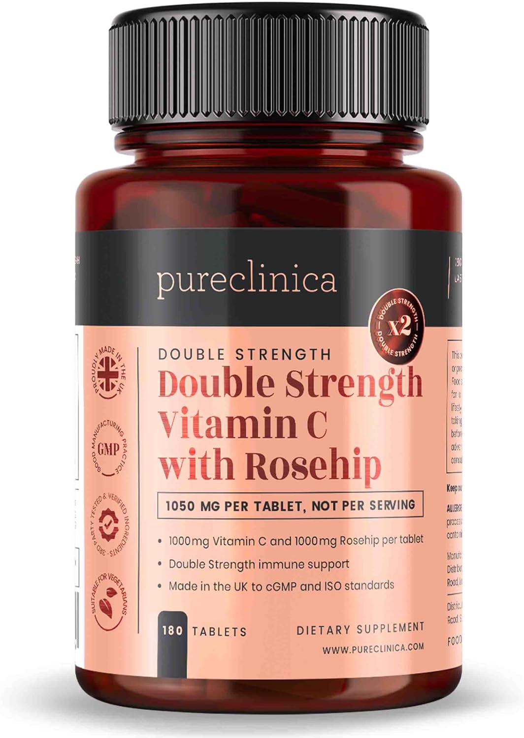 PureClinica Vitamin C with Rosehip – 2000mg (1000mg Vitamin C & 1000mg Rosehip Extract) – 180 Tablets (6-Month Supply) - görsel 1