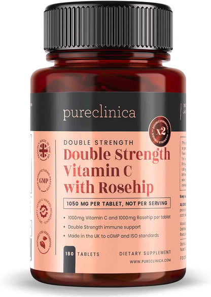 PureClinica Vitamin C with Rosehip – 2000mg (1000mg Vitamin C & 1000mg Rosehip Extract) – 180 Tablets (6-Month Supply)