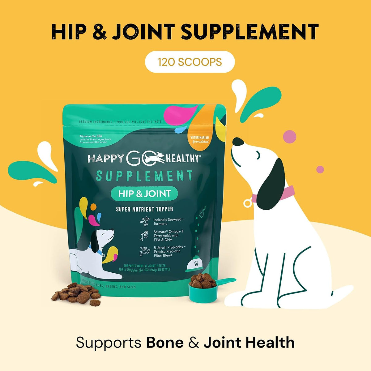 Happy Go Healthy Hip & Joint Supplement for Dogs – Probiotic & Prebiotic Benefits with Wild Salmon Omega-3s, 120 Count - görsel 2
