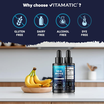 Vitamatic Liquid Organic Irish Sea Moss - Made with Bladderwrack & Burdock Root - 2800 mg per Serving - 60 ml - Sea Moss Supplement for Thyroid, Energy, Immune Support