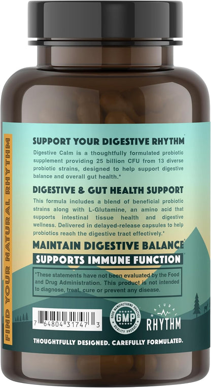 Natural Rhythm Digestive Calm Probiotic + L-Glutamine – 25 Billion CFU, 13 Strains, Digestive & Immune Support Supplement, Vegetarian Capsules (60 Count)