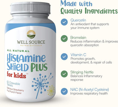 Histamine Shield Plus Kids – Natural Histamine Support Chewable Tablets, 60 Strawberry Fruit Punch