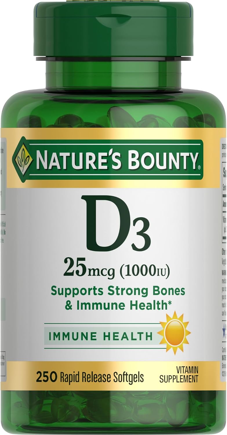 Nature's Bounty Vitamin D3 1000 IU, Immune Support, Helps Maintain Healthy Bones, 250 Rapid Release Softgels - görsel 1