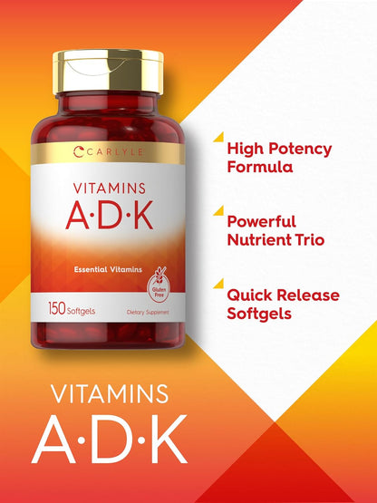 Carlyle Vitamin ADK Supplement | 150 Softgels | Vitamins A, D3, K1, K2 | Non-GMO, Gluten Free