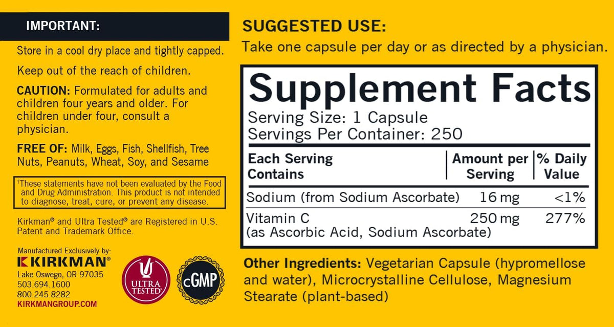Kirkman - Vitamin C 250 mg - 250 Capsules - Hypoallergenic - görsel 4