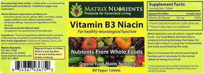 Vitamin B3 Niacin - Digestive, Heart & Immune Support - 100% Organic - Supports Brain Function, Energy & Reduces Tiredness - Vegan Tablets (60ct)