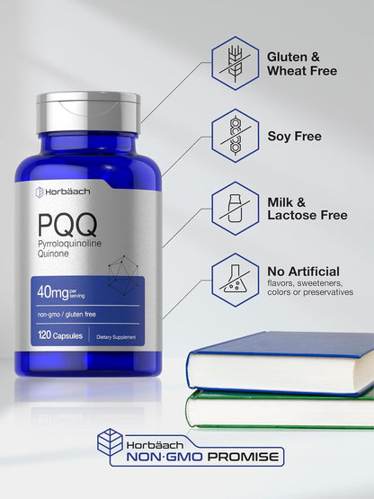 Horbäach PQQ Supplement 40 mg | 120 Capsules | Maximum Strength | Non-GMO & Gluten-free | Pyrroloquinoline Quinone Disodium Salt