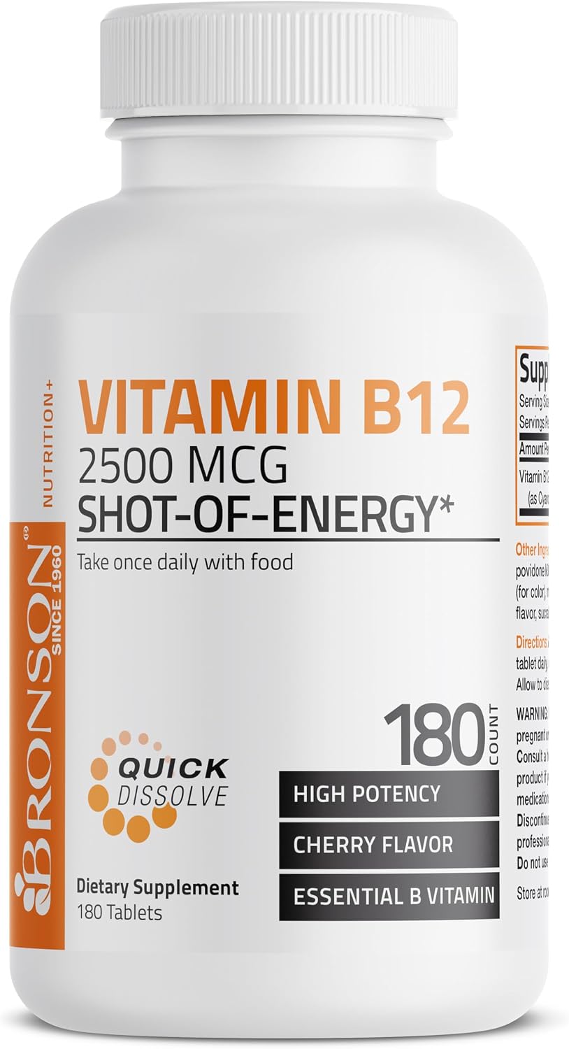Bronson Vitamin B12 2500mcg Sublingual Tablets - Cherry Flavoured Fast Dissolve - 180 Tablets - görsel 3