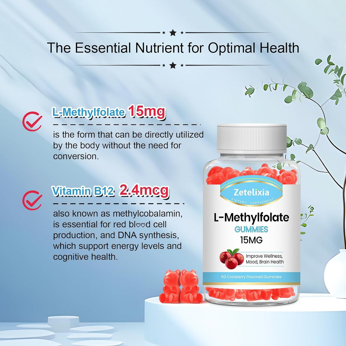 Zetelixia L-Methylfolate 15mg & Methyl B12 Gummies – Folate Supplements for Brain Health, Mood & Immunity, Sugar Free, Vegan, Cranberry Flavour, 60 Count - görsel 5