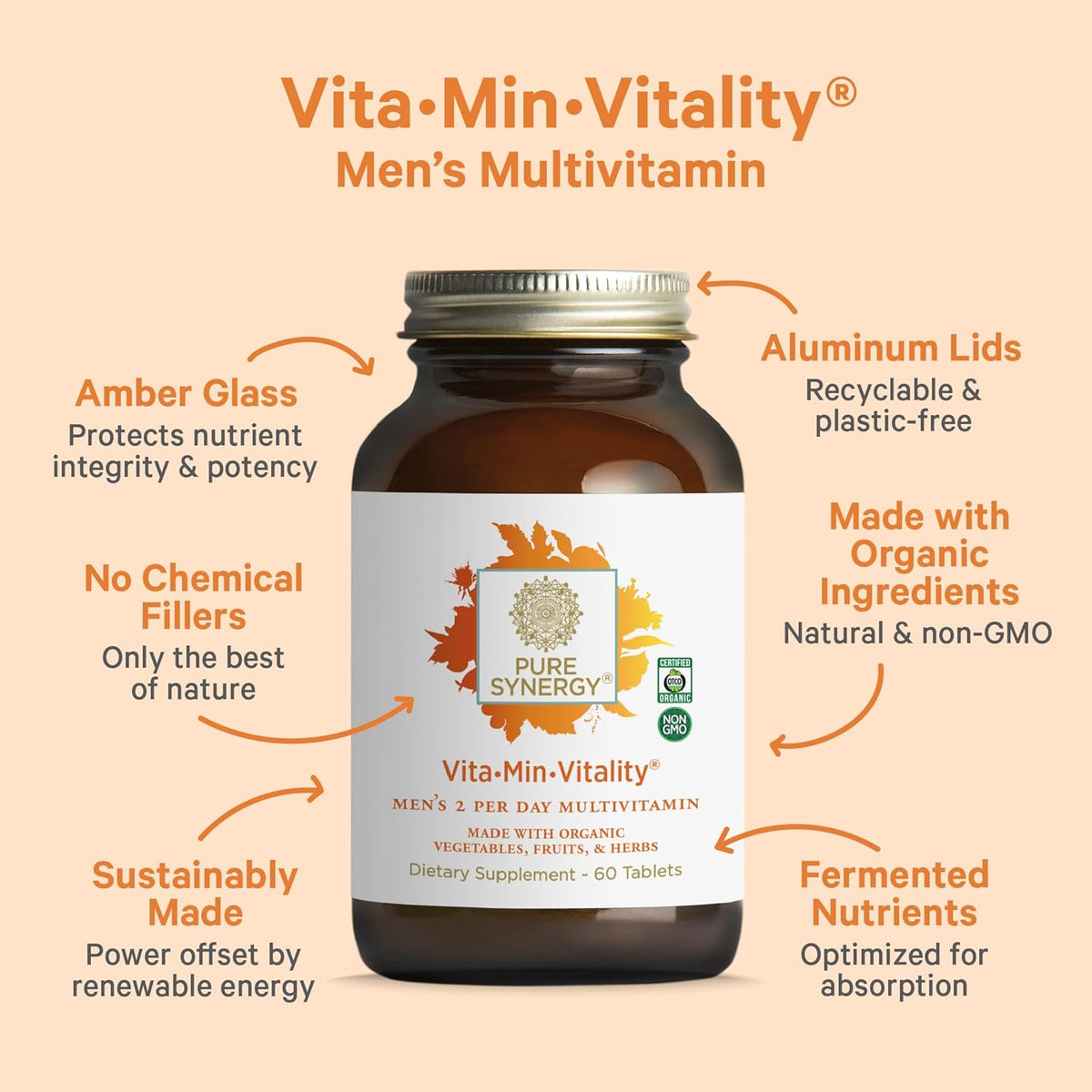 Pure Synergy Vita·Min·Vitality | Organic Men's Multivitamin | Daily Whole Food Supplement for Energy, Stress & Immunity (60 Tablets) - görsel 3