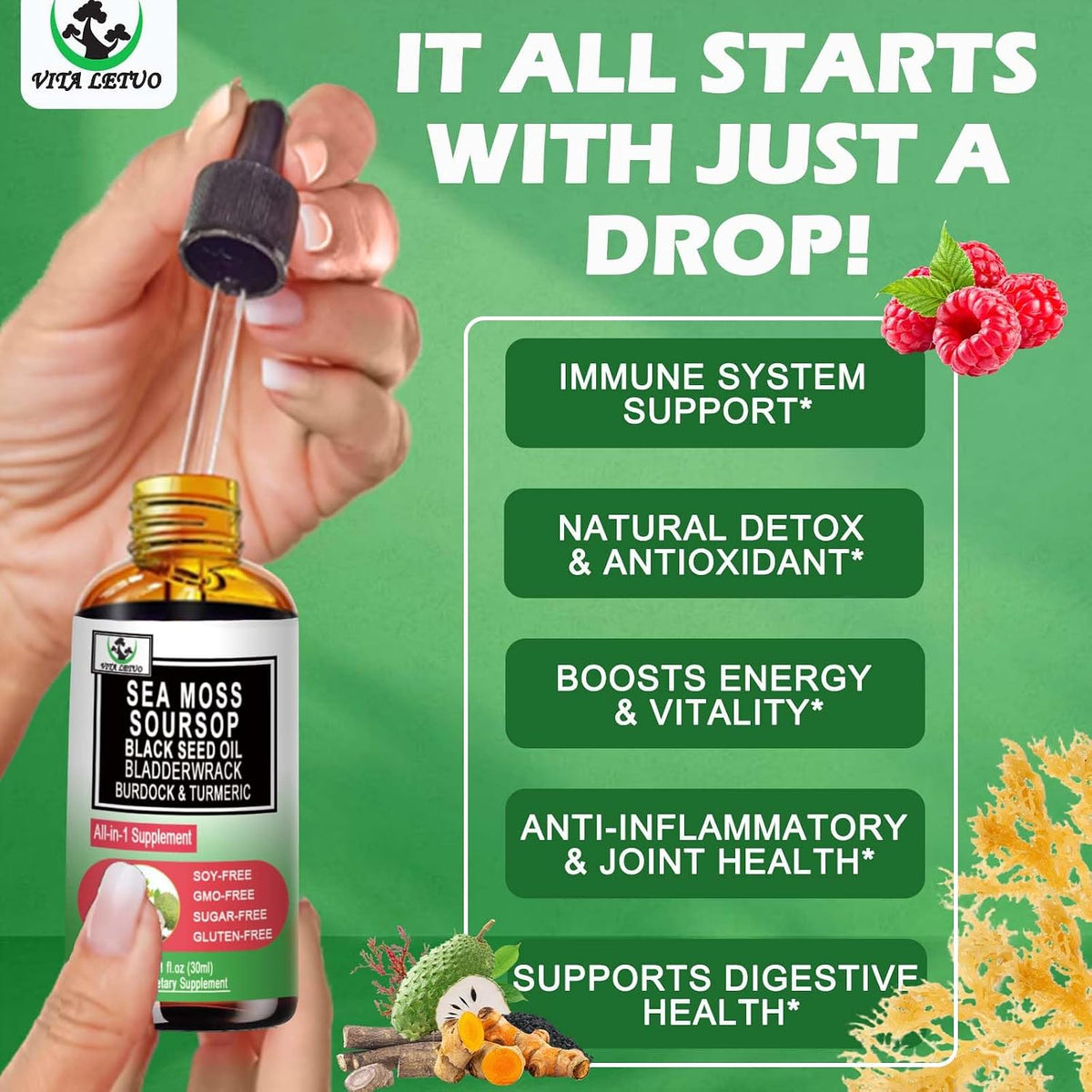 Sea Moss Black Seed Oil Soursop Liquid Drops with Bladderwrack Burdock Root Turmeric – Multimineral and Vitamin Superfood Drops - görsel 3
