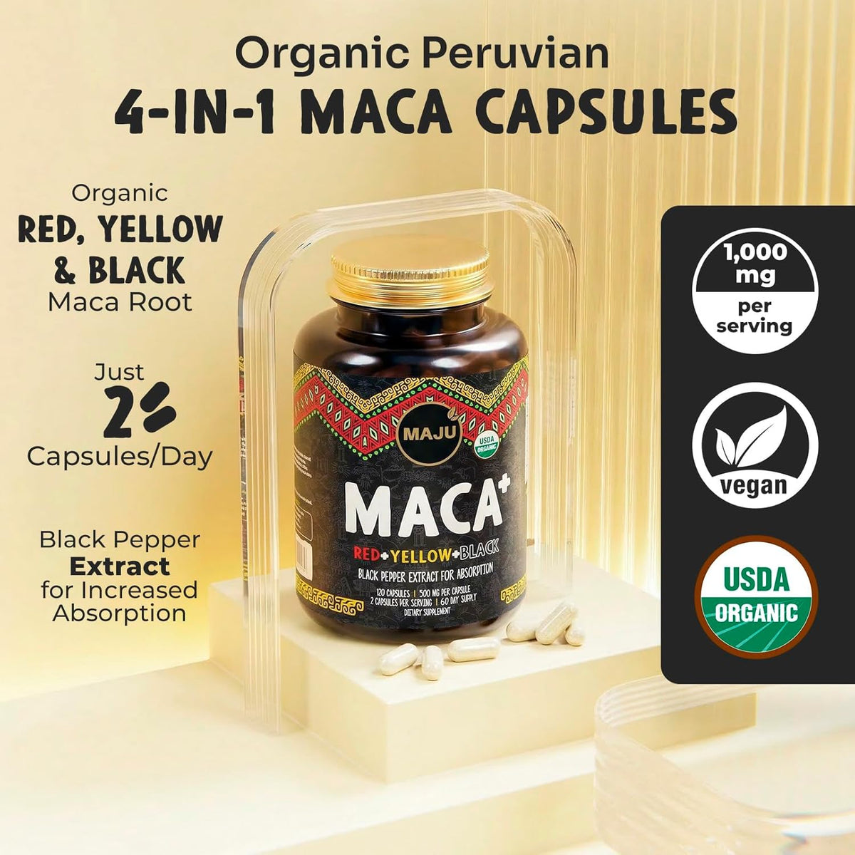 Maju Superfoods 4-in-1 Organic Maca Root Capsules - Black, Yellow & Red with Black Pepper Extract (120 Capsules) - görsel 2