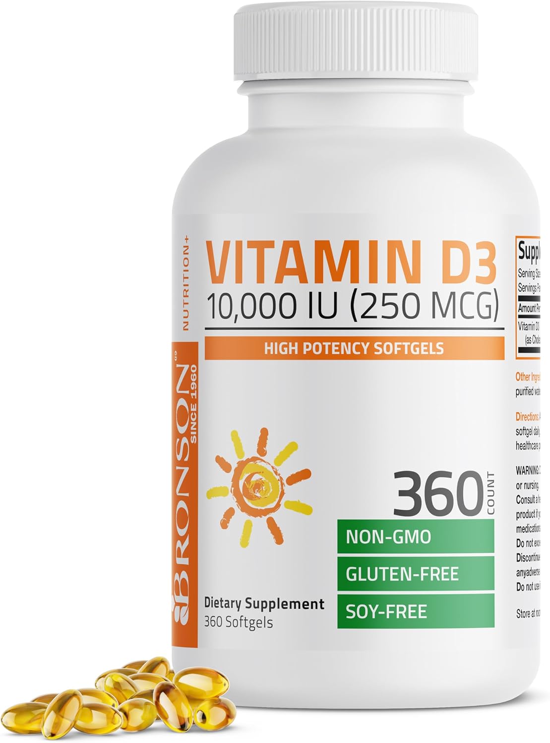 Bronson Vitamin D3 10,000 IU (250 µg) High Potency – Supports Healthy Immune System, Strong Bones, Muscles & Teeth – Non GMO, 360 Softgels - görsel 1