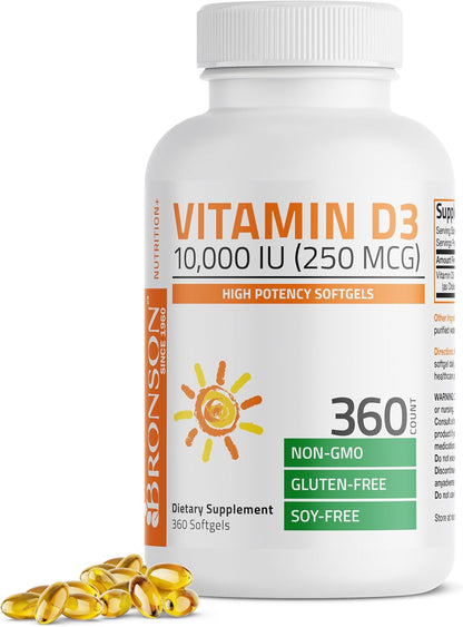 Bronson Vitamin D3 10,000 IU (250 µg) High Potency – Supports Healthy Immune System, Strong Bones, Muscles & Teeth – Non GMO, 360 Softgels