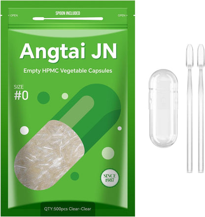 Angtai JN Size 0 Empty Capsules Vegan Plant Based Clear (100 Count) Gluten-free, Non-GM, Halal Certified Pill Caps Filling Kit with 2 Spoons for Vegetarian DIY Your Own Supplements