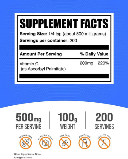 BulkSupplements Ascorbyl Palmitate Powder - Vitamin C Ester - 500mg per Serving, 100g (3.5 oz)