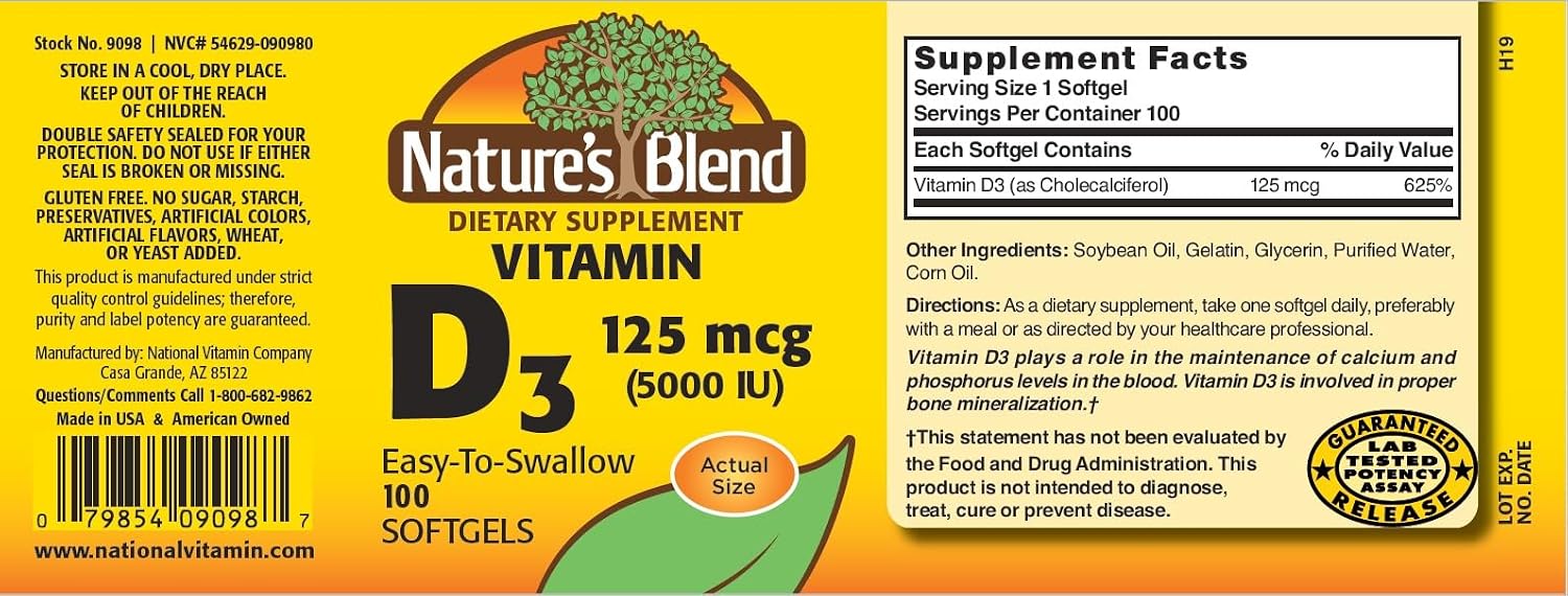 Nature's Blend Vitamin D3 125 mcg (5000 IU) Easy-to-Swallow Soft gel capsules, 100 Count - görsel 2