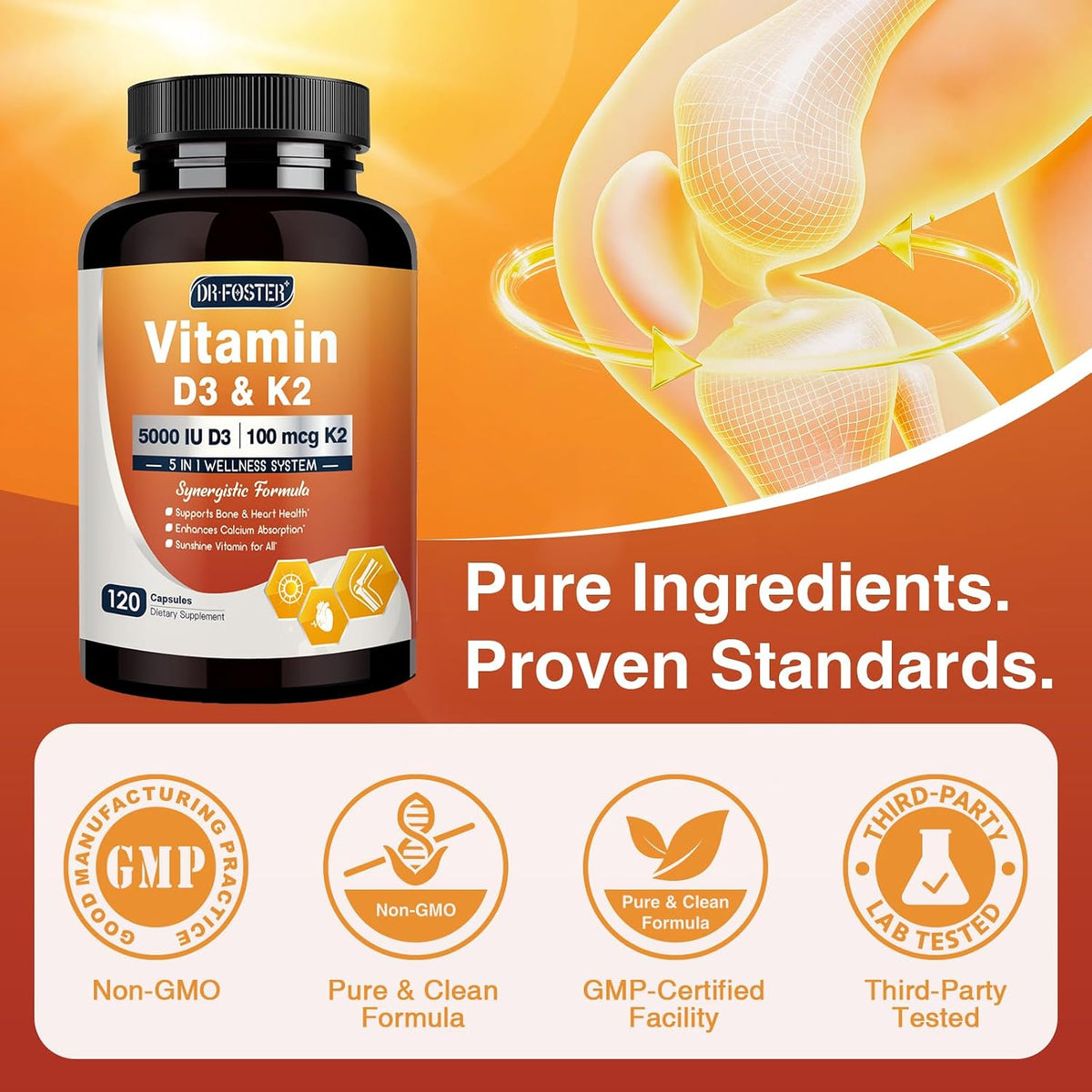 DRFOSTER Vitamin D3 & K2 Food Supplement - 5000 IU D3 + 100 mcg K2 (MK-7) with Vitamin E, Folic Acid & Methyl B12 - 120 Capsules - görsel 7