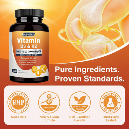 DRFOSTER Vitamin D3 & K2 Food Supplement - 5000 IU D3 + 100 mcg K2 (MK-7) with Vitamin E, Folic Acid & Methyl B12 - 120 Capsules