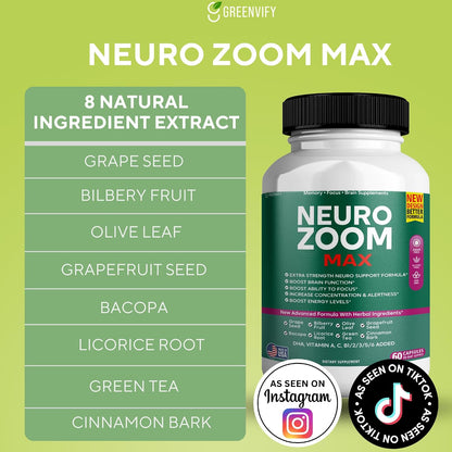 Neuro Zoom Max Extra Strength Brain Support with Herbal Ingredients, 60 Capsules