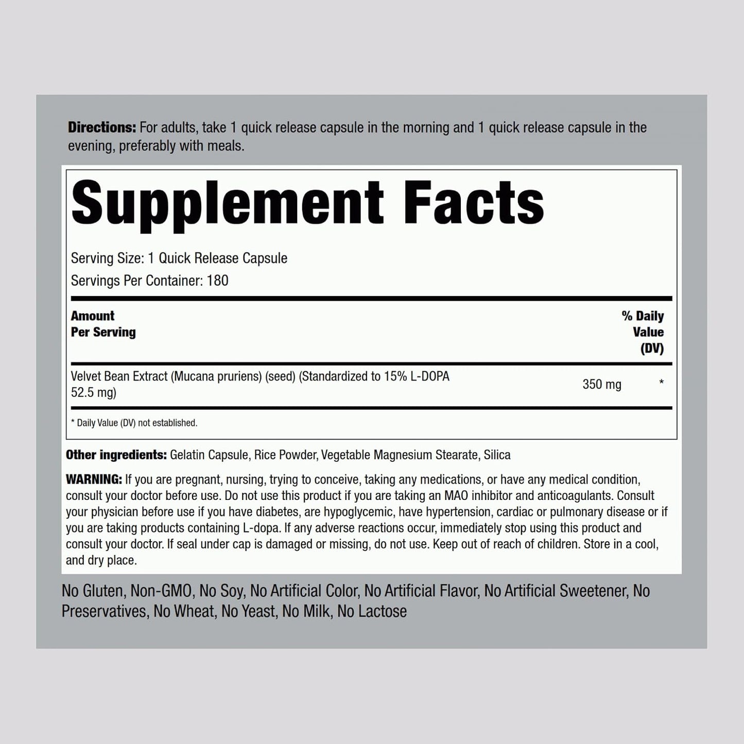 Piping Rock DOPA Mucuna Capsules, 180 Capsules – 15% L-DOPA Mucuna Pruriens Extract - görsel 2