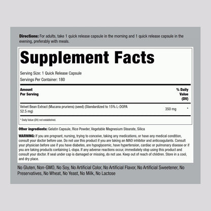 Piping Rock DOPA Mucuna Capsules, 180 Capsules – 15% L-DOPA Mucuna Pruriens Extract