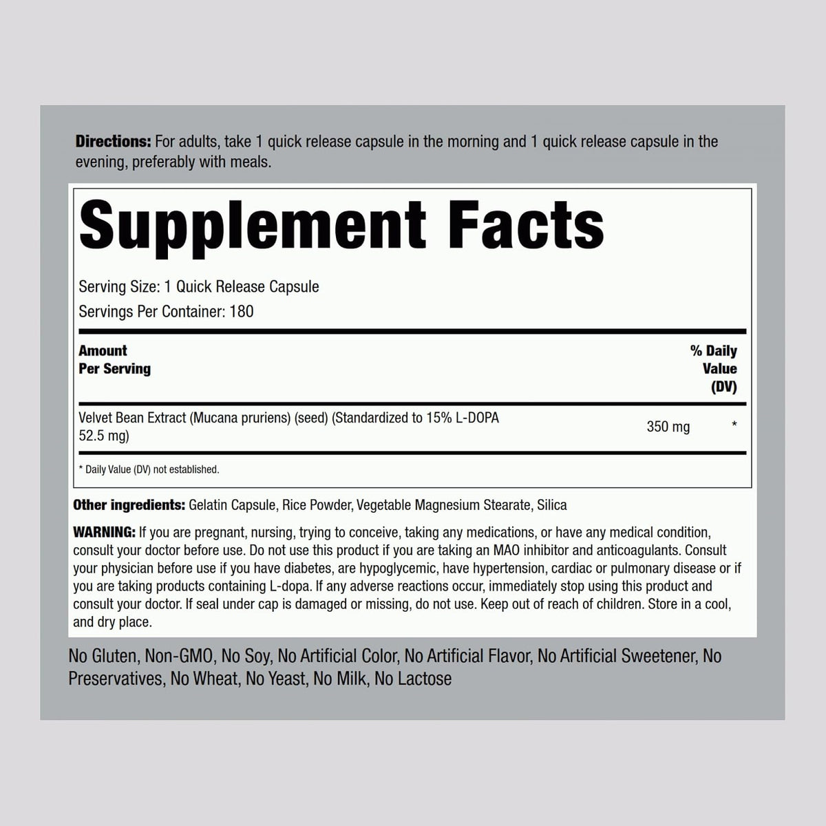 Piping Rock DOPA Mucuna Capsules - 15% L-DOPA, 180 Count - görsel 2