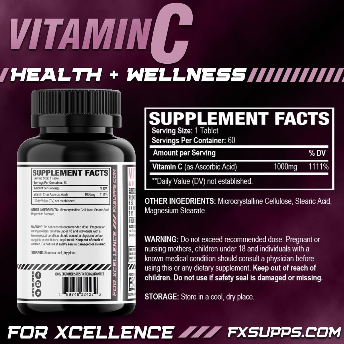 FXSUPPS Vitamin C 1000 mg - 100 Capsules, Vegan-Friendly - görsel 2