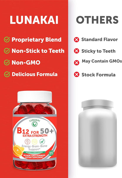 Lunakai Vitamin B12 Gummies for Adults 50+ - 3000 mcg Methylcobalamin - Non-GMO - Citrus Flavour - 60 Count
