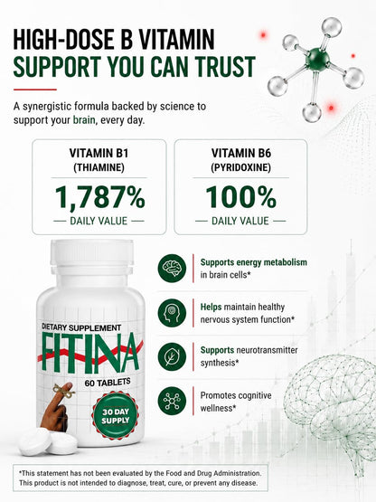 Fitina Brain Supplement with Vitamin B6 & Thiamine for Memory, Focus and Cognitive Support