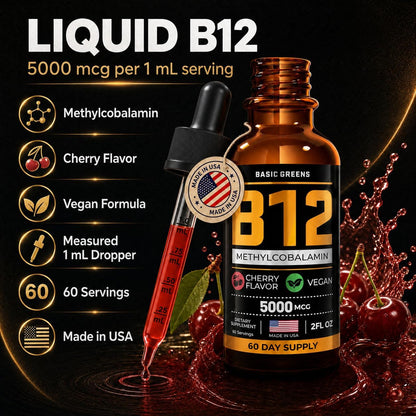 BASIC GREENS Vitamin B12 Liquid Drops 5000 mcg, Sublingual Methylcobalamin, Vegan Cherry Flavour, 59 ml