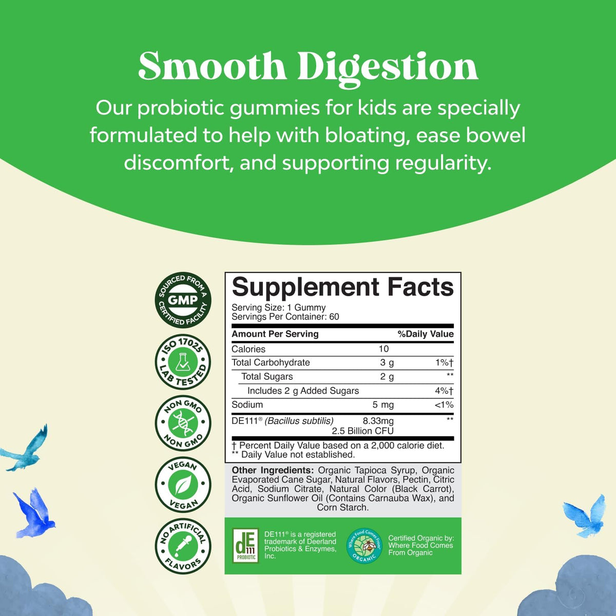 USDA Organic Probiotic Gummies for Children - Vegan Non-GMO Probiotic Gummy for Immunity and Digestive Health - Gentle 2.5B CFU Organic Probiotics - Strawberry Flavour, 60 Gummies (Pack of Two) - görsel 3