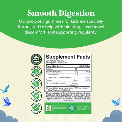 USDA Organic Probiotic Gummies for Children - Vegan Non-GMO Probiotic Gummy for Immunity and Digestive Health - Gentle 2.5B CFU Organic Probiotics - Strawberry Flavour, 60 Gummies (Pack of Two)