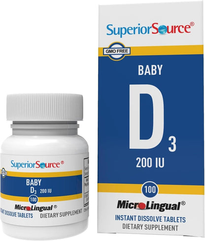 Superior Source Baby Vitamin D3 - Immune Support Supplement - Supports Healthy Bones & Teeth - Non-GMO & Gluten-Free - 100 MicroLingual Instant Dissolve Tablets