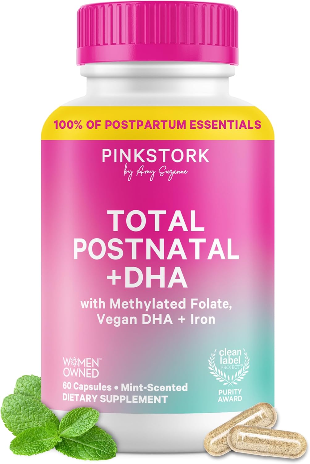 Pink Stork Total Postnatal Vitamins for Women | Vegan Algae DHA, Methylated Folate, Iron, B12 | Postpartum Recovery + Lactation Support | Clean Labelled Award Winner | 60 Capsules, Mint - görsel 1