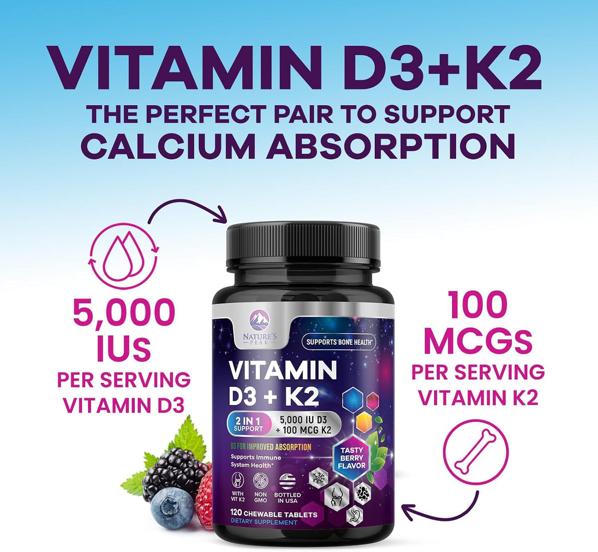 Vitamin D3 K2 - 5000 IU Vitamin D3 & 100 mcg Vitamin K2 MK-7 per Serving - Bone, Heart, & Immune Health Support - Calcium Absorption - D3K2 Berry Chew, Gluten-free, Non-GMO - 120 Tablets - görsel 6